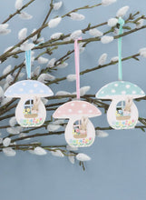 Load image into Gallery viewer, Gisela Graham Set of 3 Bunnies in Toadstool Houses Hanging Wooden Decorations