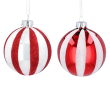 Load image into Gallery viewer, Gisela Graham Set of 2 Candy Cane Stripe Glass Baubles 8 cm

