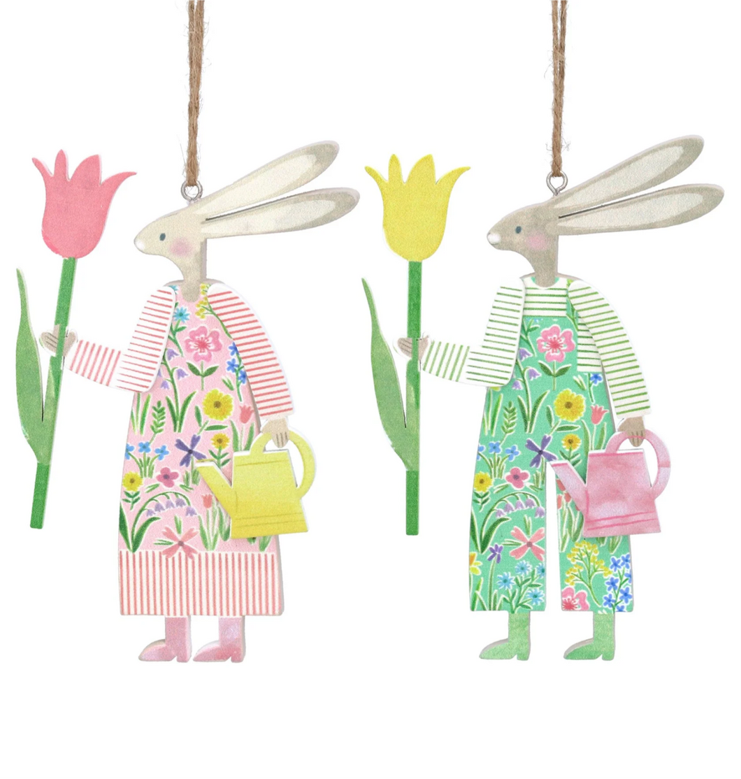 Gisela Graham Pastel Meadow Set of 2 Hanging Wooden Bunnies.