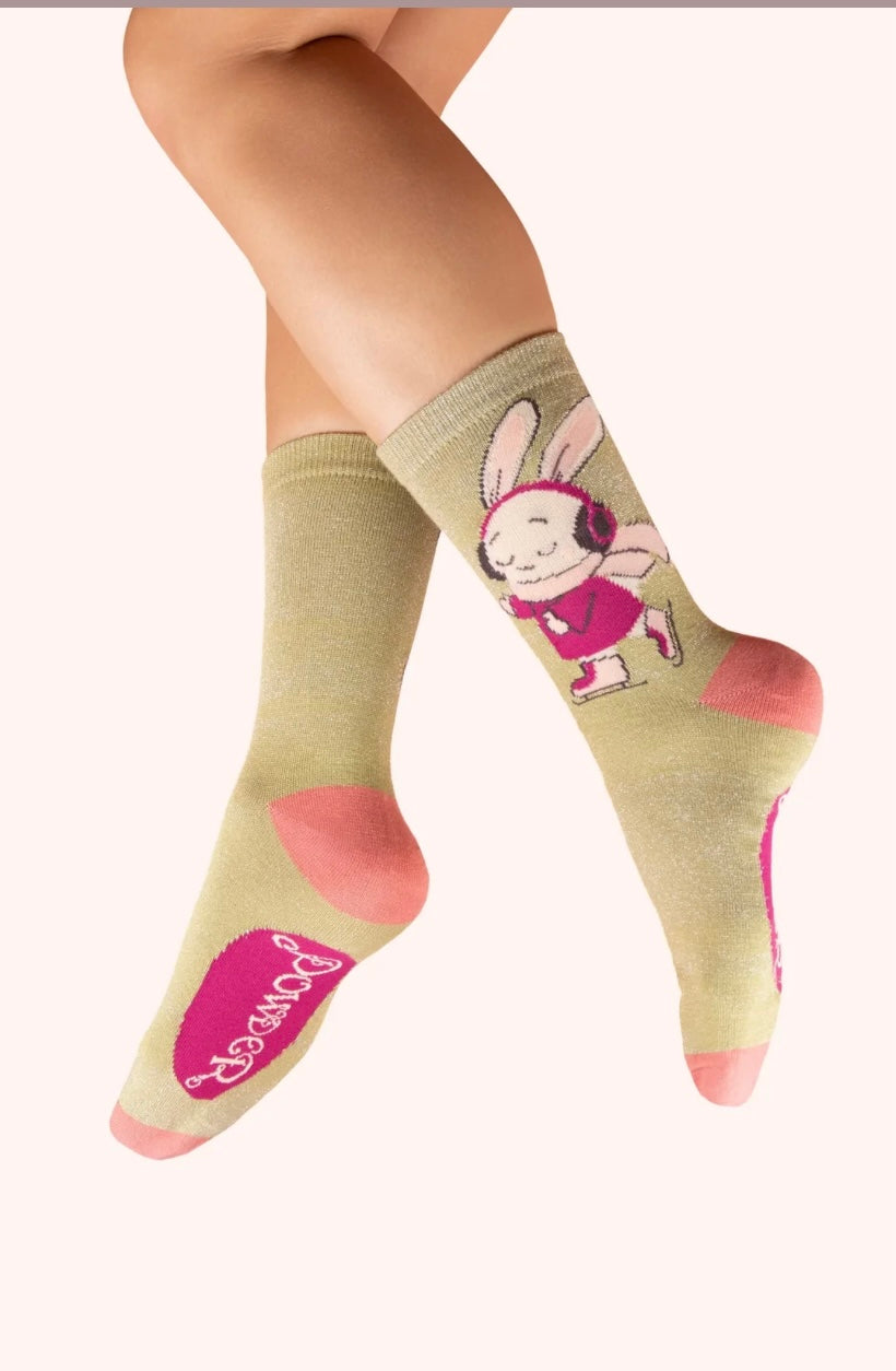 Powder Design Skating Bunny Bamboo Ankle Socks with Glitter