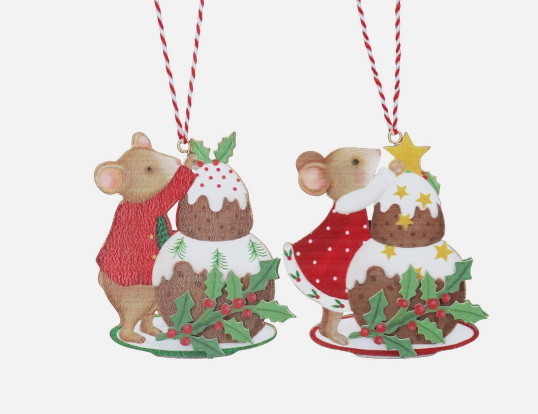 Gisela Graham Set of 2 Holly and Alfie Mouse Wooden Christmas Decorations