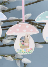Load image into Gallery viewer, Gisela Graham Set of 3 Bunnies in Toadstool Houses Hanging Wooden Decorations
