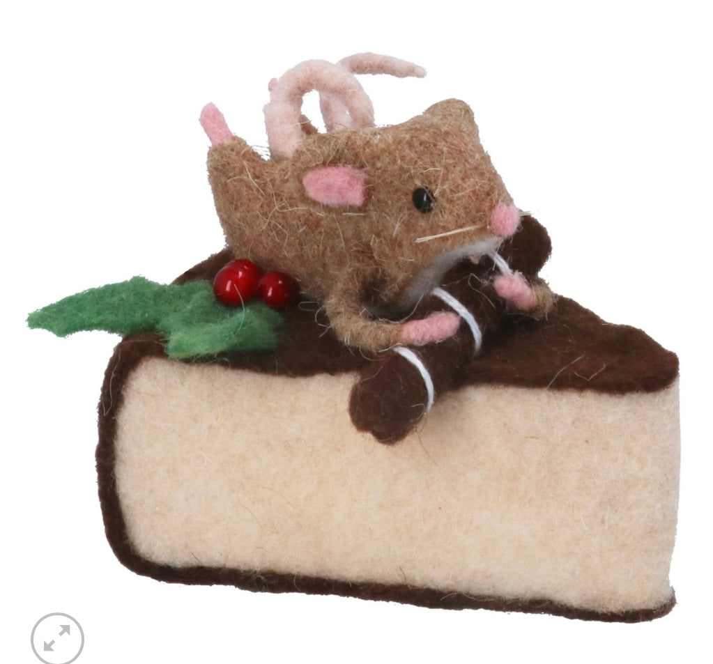 Gisela Graham Wool Mix Mouse on a Cake Slice Christmas Decoration