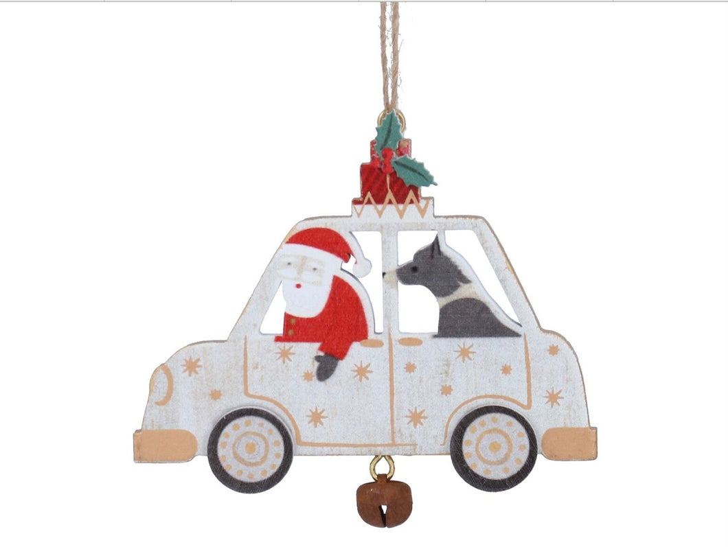 Gisela Graham Wooden Christmas Santa in a Car with a Dog