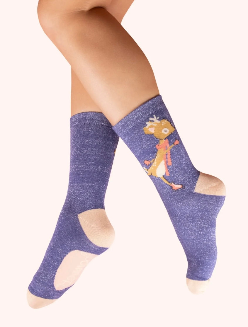 Powder Design Skating Deer Bamboo Ankle Socks with Glitter