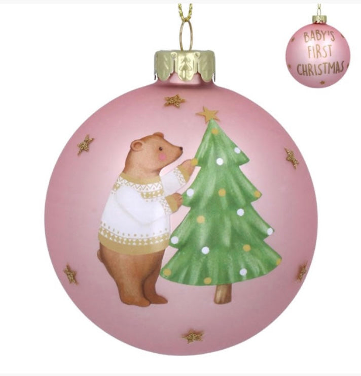 Gisela Graham Baby’s First Christmas Pink Glass Bauble 8 cm