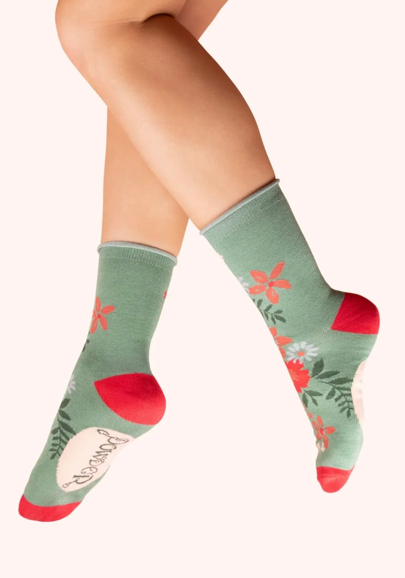 Powder Design Floral Spray Bamboo Ankle Socks- olive