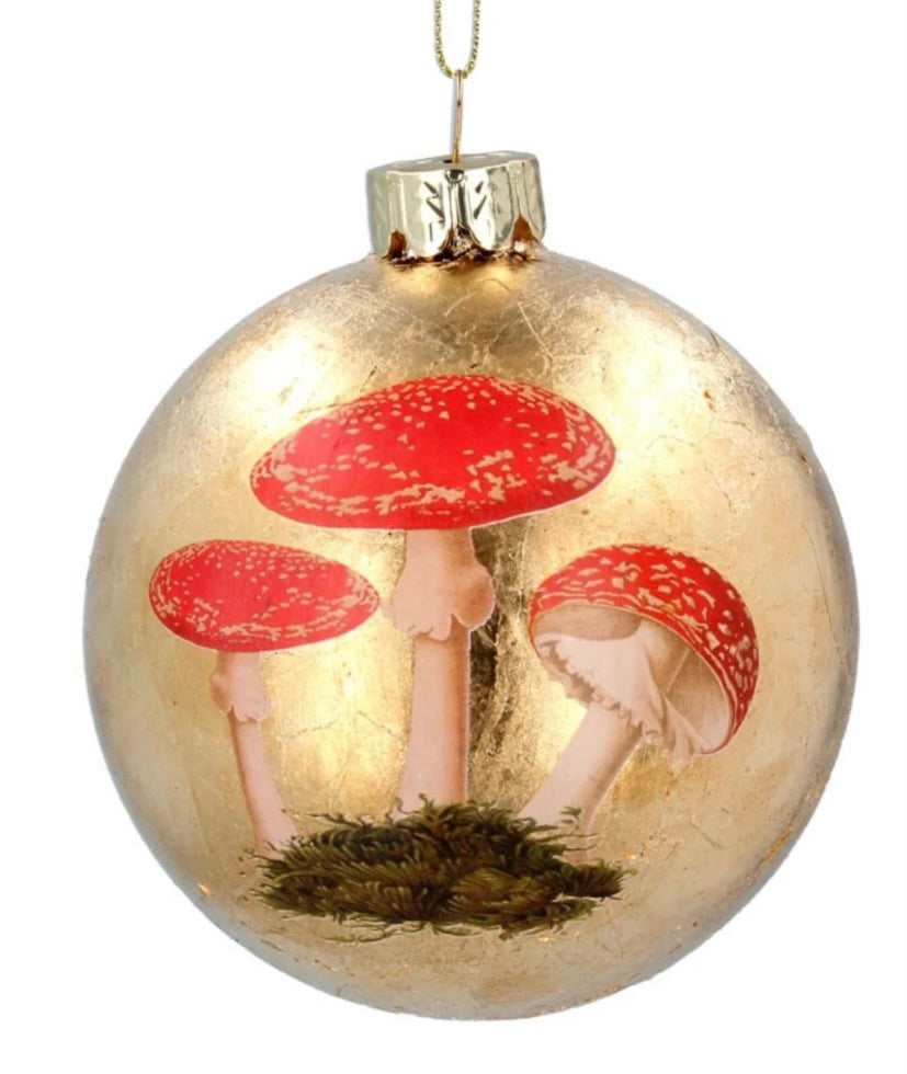 Gisela Graham Gold Leaf and Toadstools Glass Christmas Bauble 8 cm