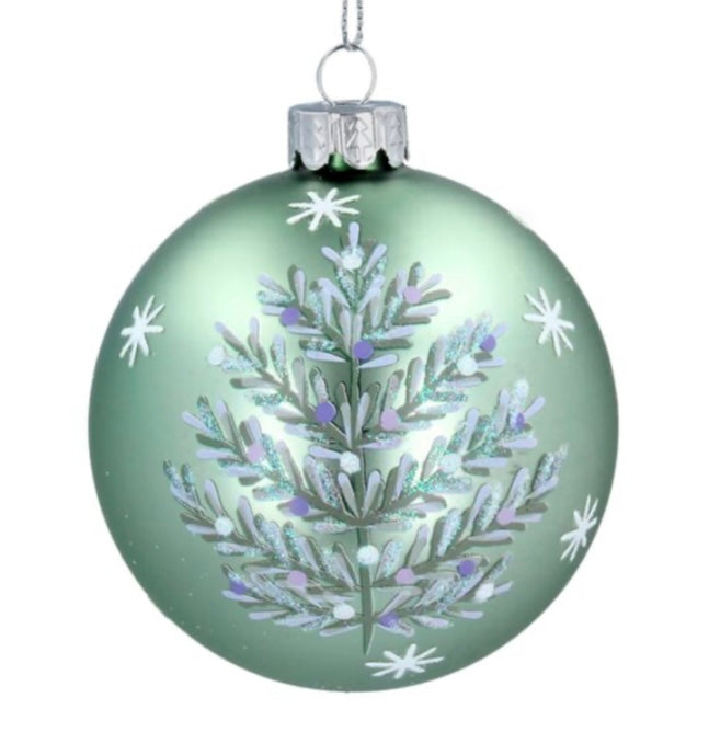Gisela Graham pale Green Glass Christmas Bauble with Tree and Snowflakes 8 cm