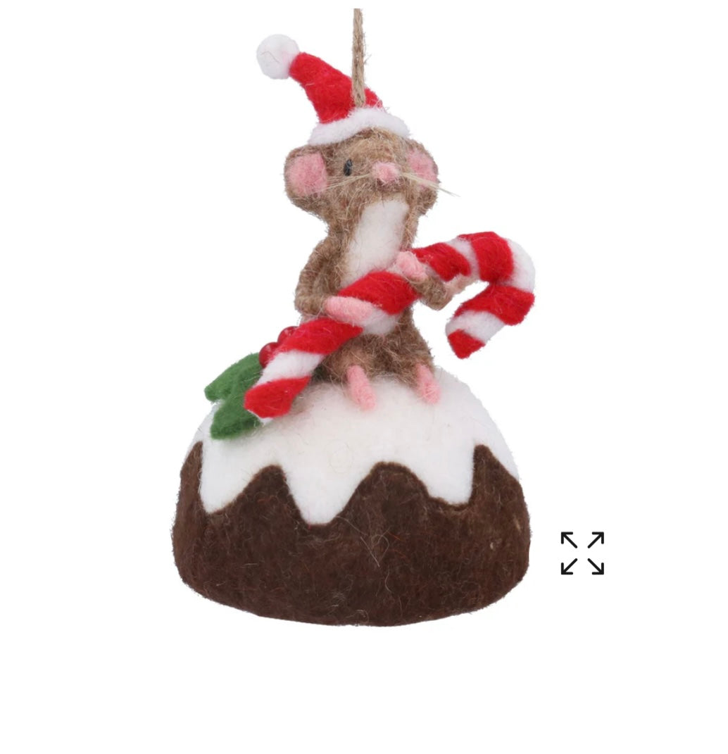 Gisela Graham Wool Mix Mouse with a Candy Cane, Standing on a Christmas Pudding