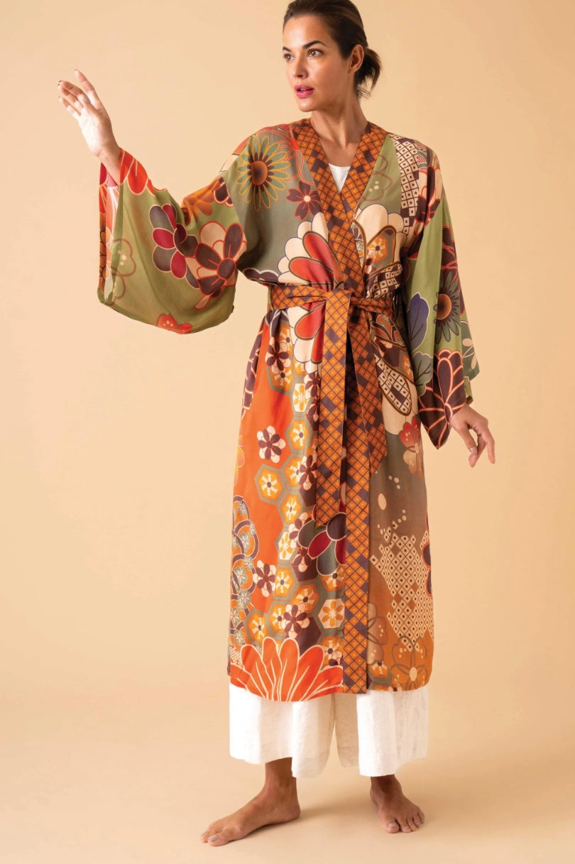 Powder Design 70’s kaleidoscope Floral Sage Kimono Gown