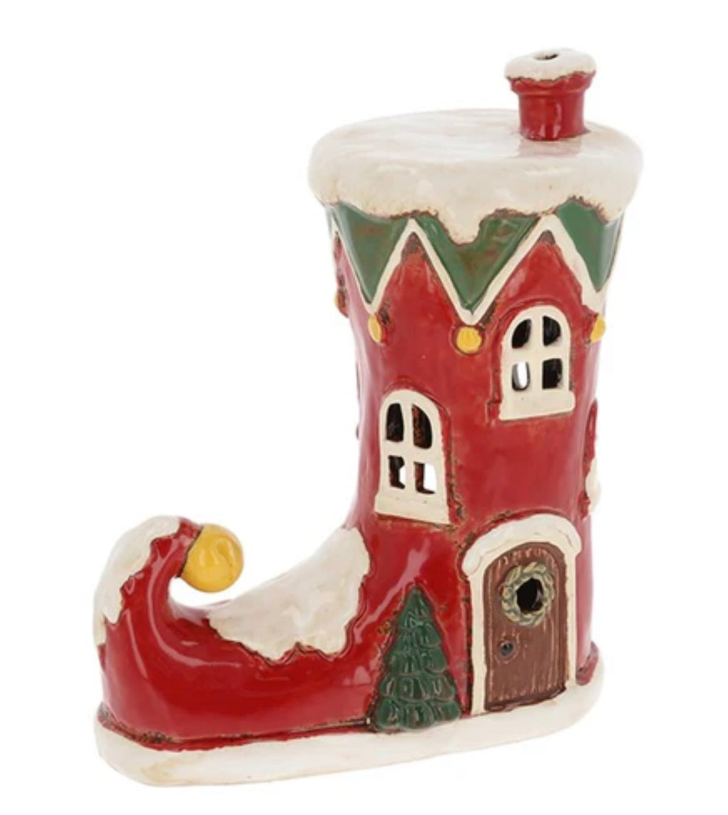 Village Pottery Christmas Elf Boot House Tealight - 350212