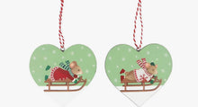 Load image into Gallery viewer, Set of 2 Wooden Holly and Alfie Heart Decorations
