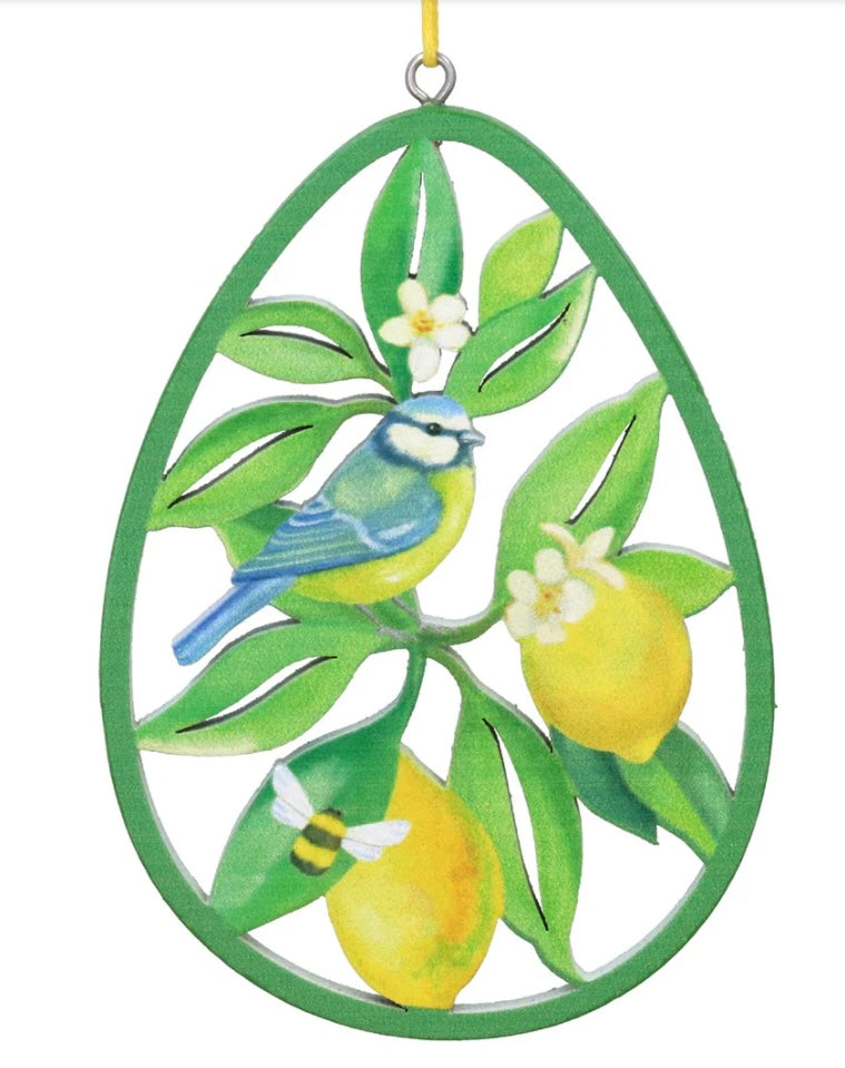Gisela Graham Wooden Cut Out Egg Decoration Blue Tit and Lemons