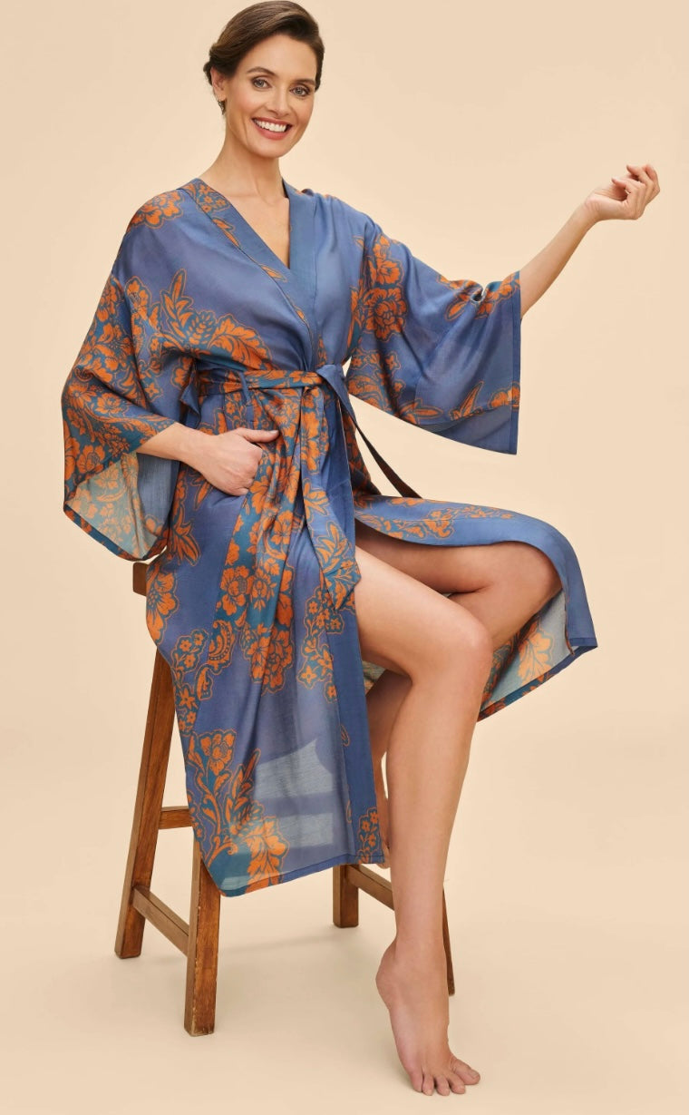 Powder Design Denim Tapestry Kimono Gown