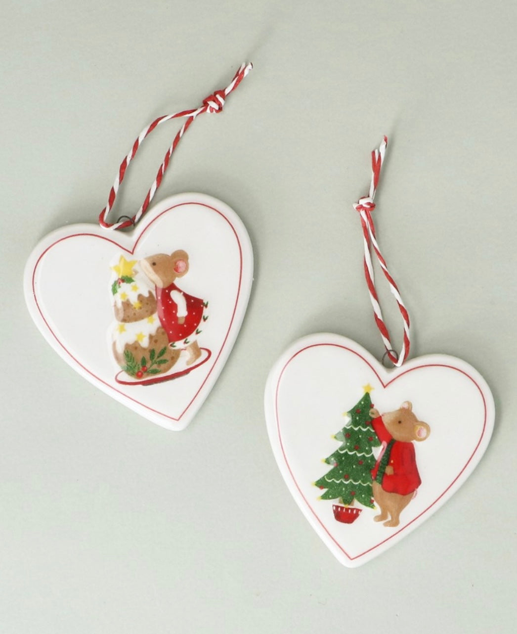 Gisela Graham Set of 2 Ceramic Hearts in Holly and Alfie Mouse Designs