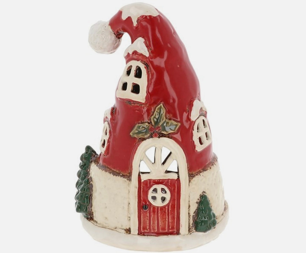 Village Pottery Christmas Santa Hat House Tealight - 350211
