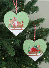 Load image into Gallery viewer, Set of 2 Wooden Holly and Alfie Heart Decorations
