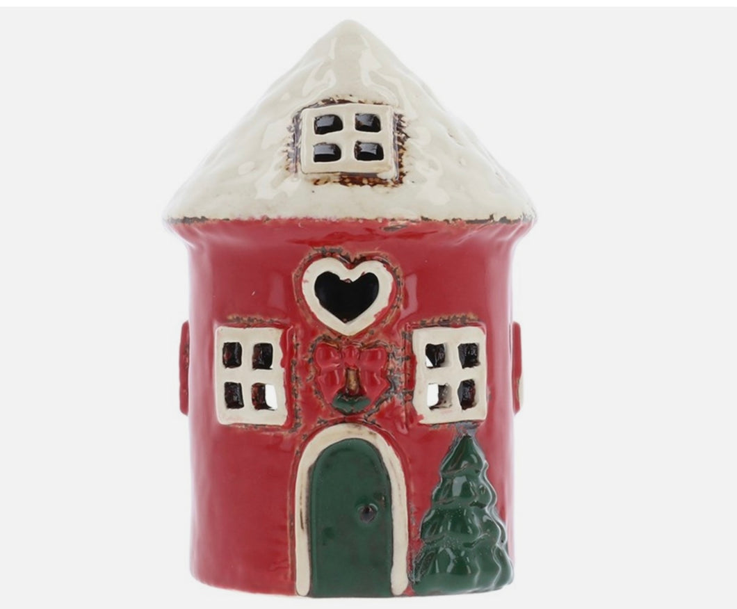 Village Pottery Christmas Red Round Mini House Tealight