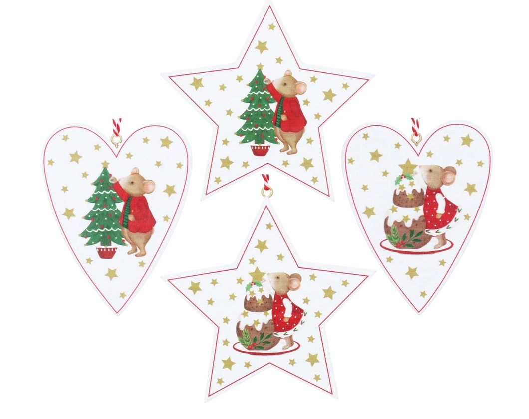 Gisela Graham Holly and Alfie set of 4 Wooden Hanging Heart and Star Decorations