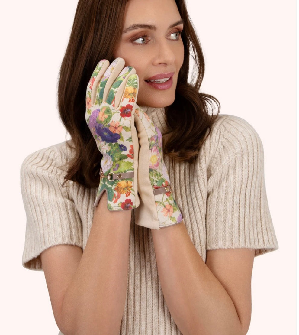 Powder Design Faux Suede Floral Gloves in Cream