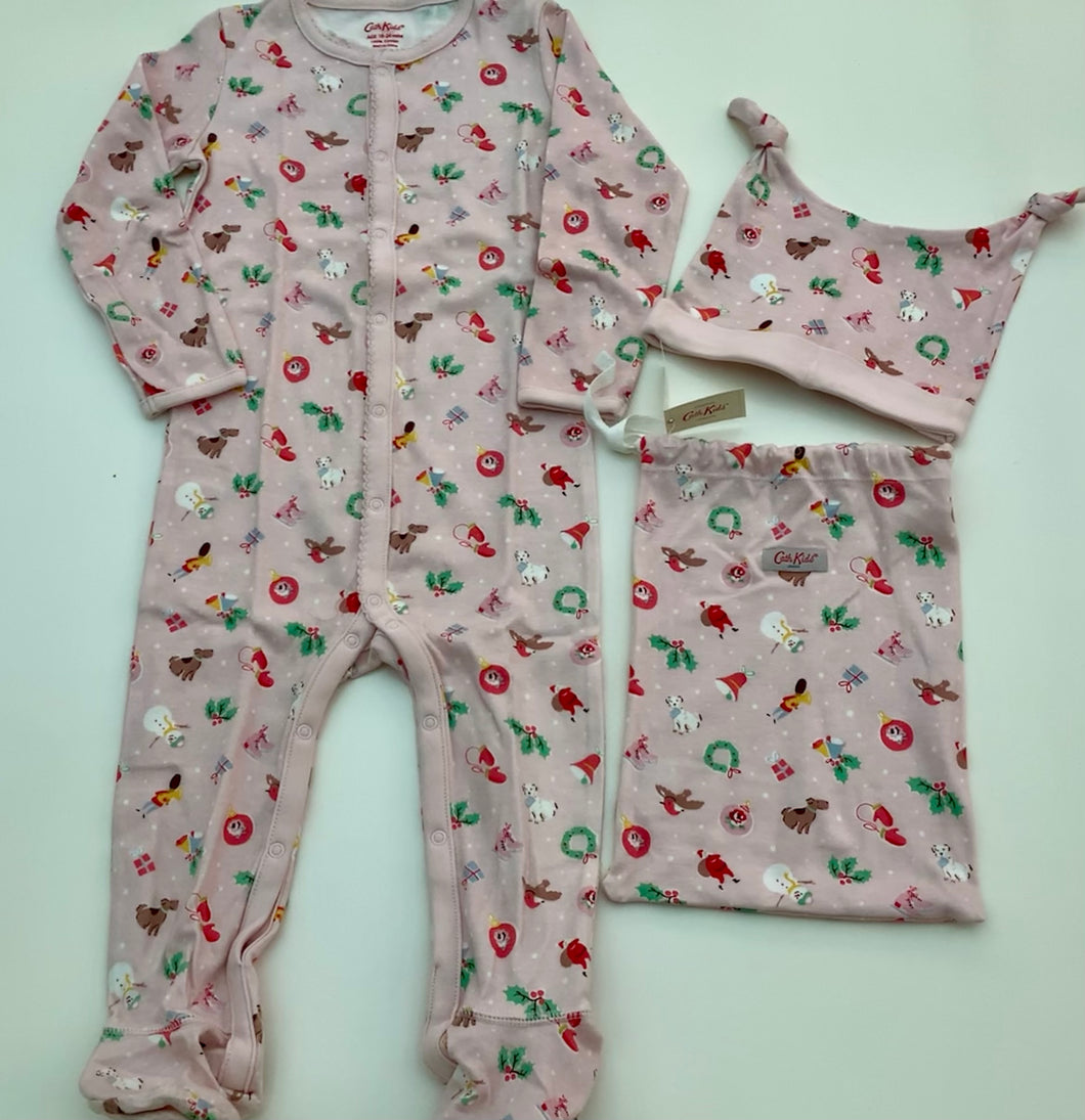 Cath Kidston Christmas Cheer Sleepsuit, Hat and Fabric Bag Gift Set 18-24 Months