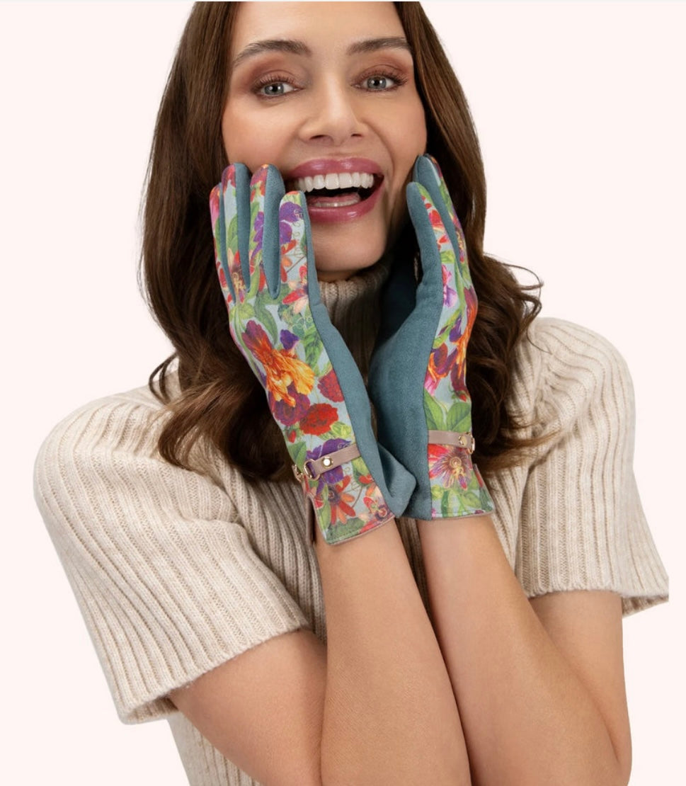Powder Design Faux Suede Floral Gloves in Ice