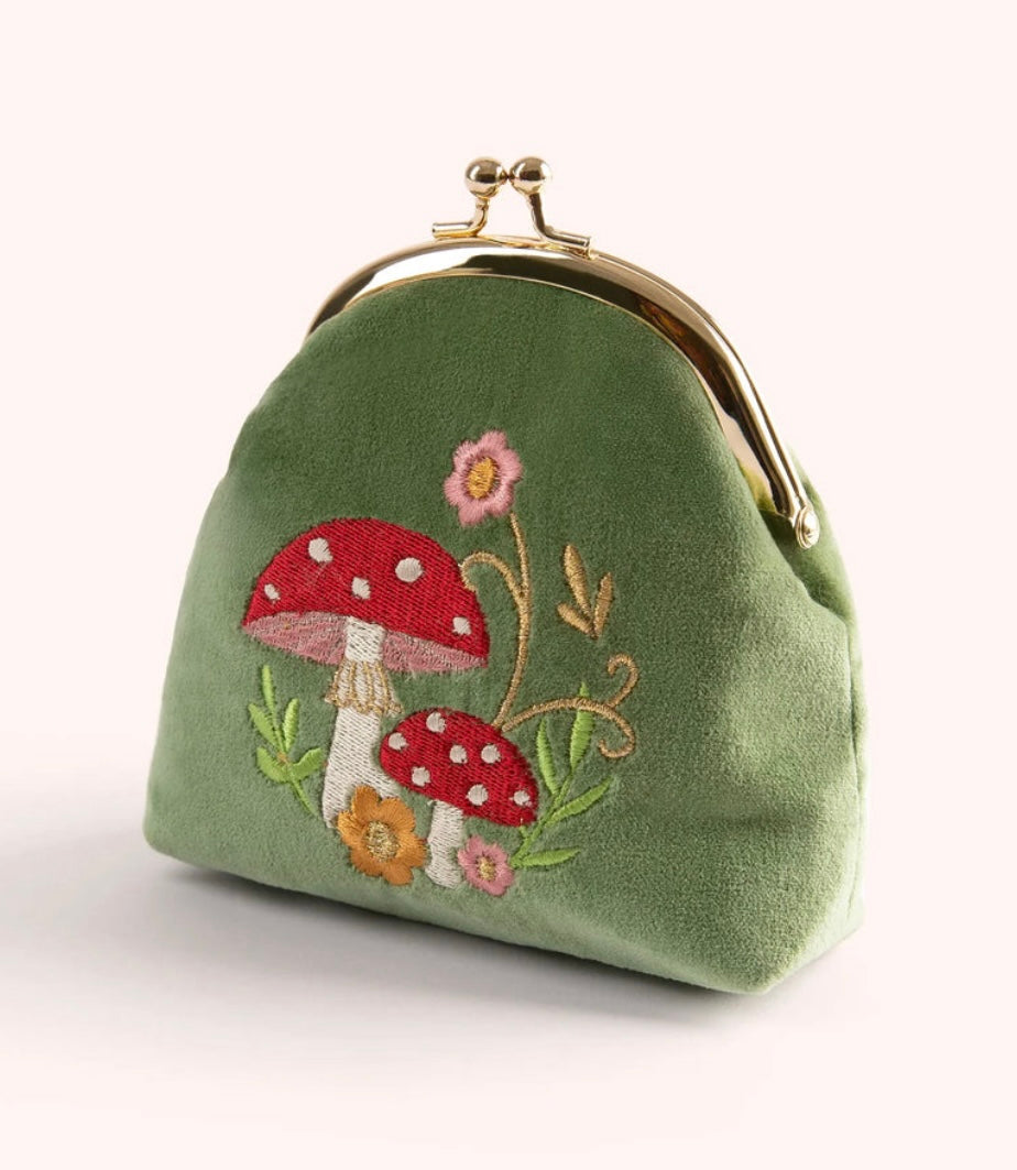 Powder Design Toadstools Velvet Coin Clasp Purse - Green