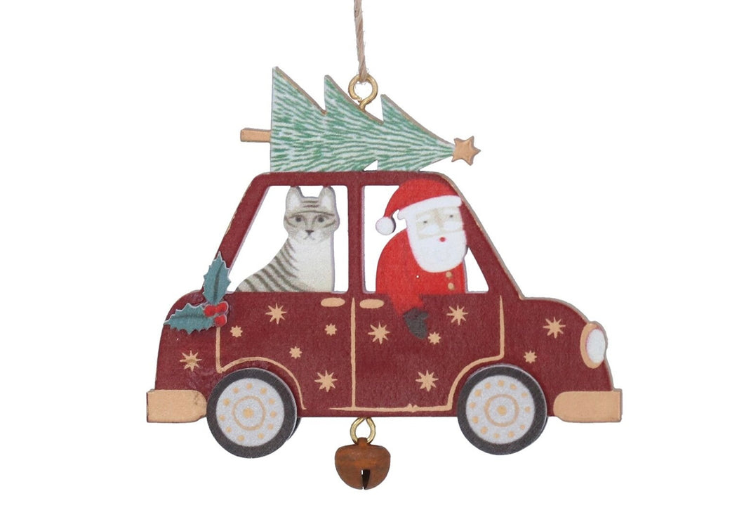 Gisela Graham Wooden Christmas Santa in a Car with a Cat