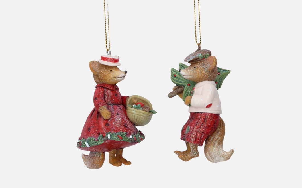 Gisela Graham Mr and Mrs Fox Set of 2 Hanging Resin Christmas Decorations.