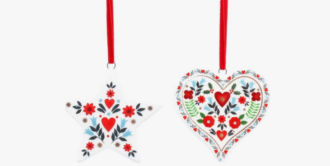 Gisela Graham Set of 2 Alpine Heart and Star Decorations.