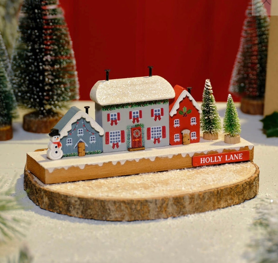 Christmas Cottage Holly Lane Row of Wooden Houses, Trees and Snowmen