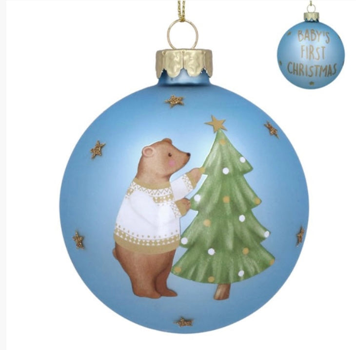 Gisela Graham Baby’s First Christmas Blue Glass Bauble 8 cm