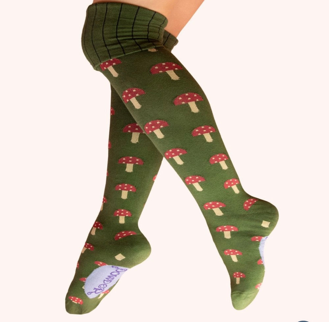Powder Design Long Boot Socks in Green with Mini Toadstool Design