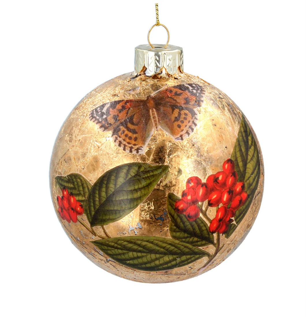Gisela Graham Gold Leaf and Butterfly Glass Bauble 8 cm