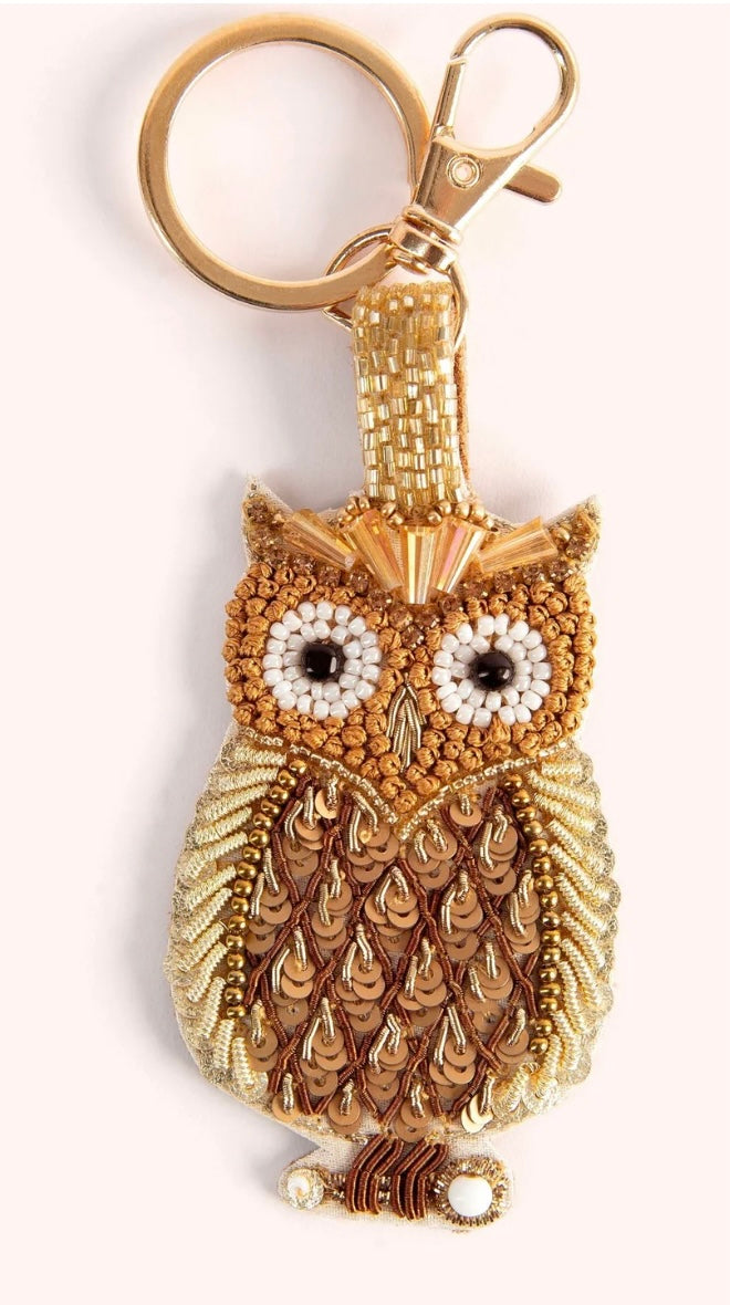 Powder Design Beaded Key Ring - Golden Owl