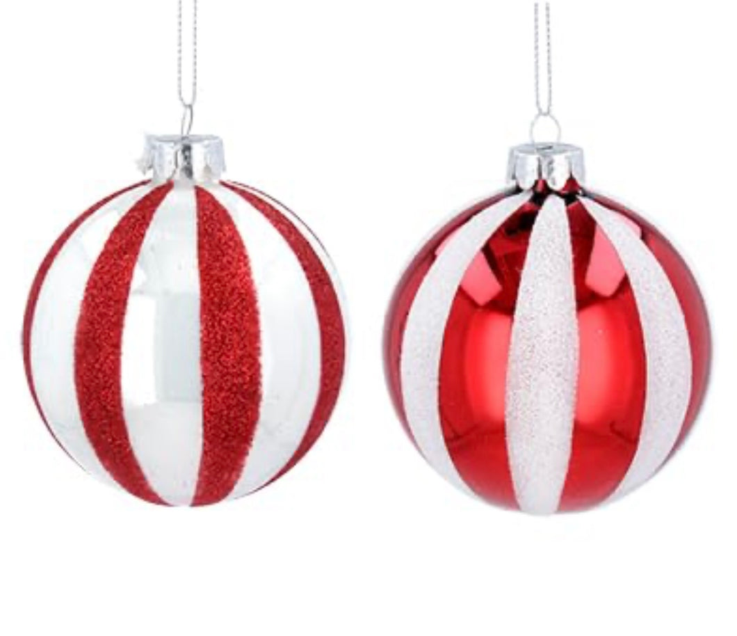Gisela Graham Set of 2 Candy Cane Stripe Glass Baubles 8 cm