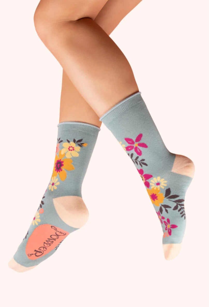 Powder Design Floral Spray Bamboo Ankle Socks- ice